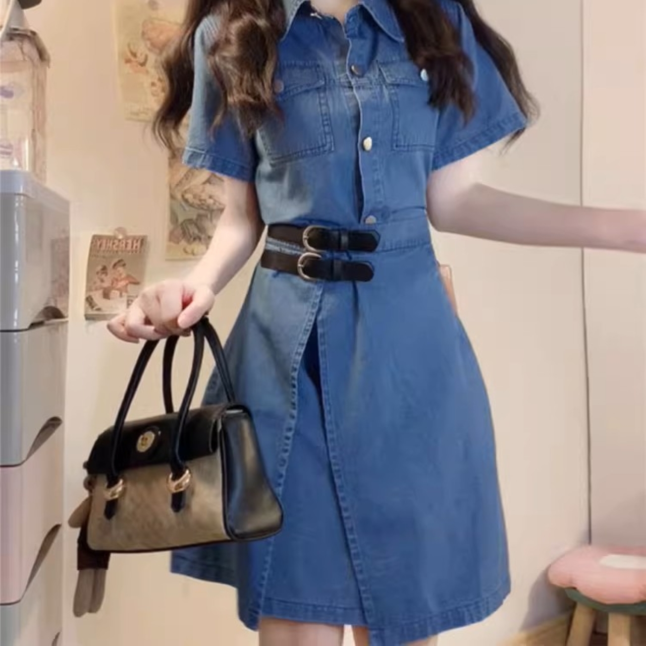 骨格ウェーブ Aライン デニムシャツワンピース