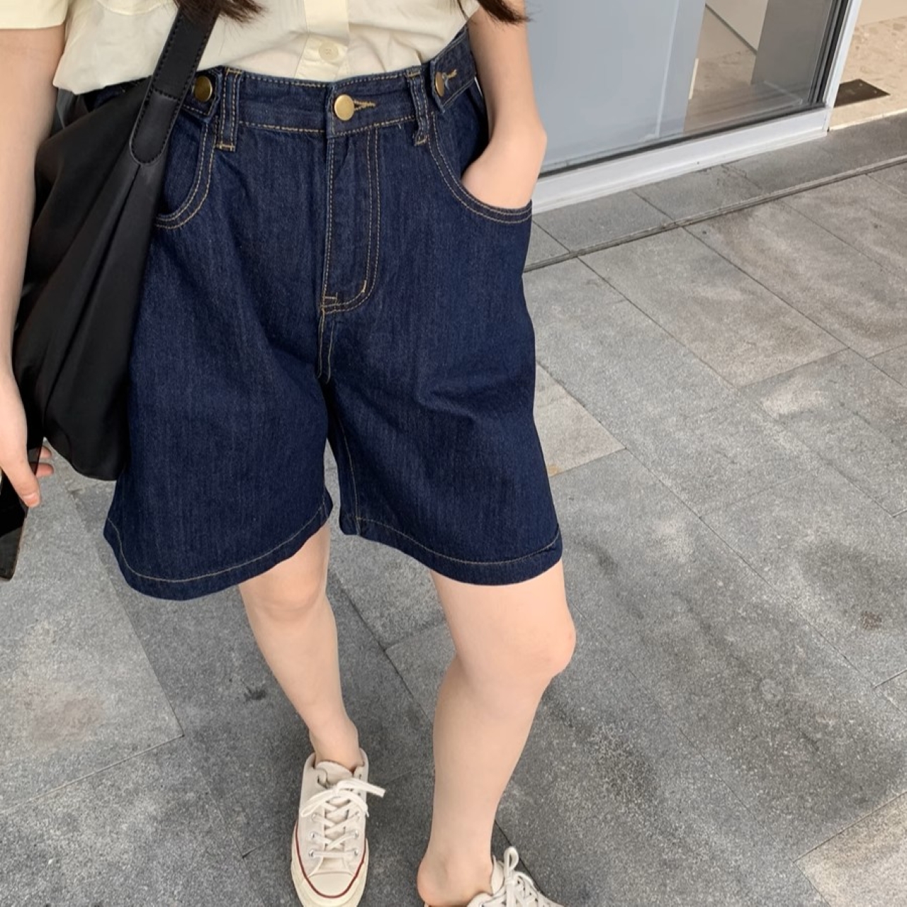 骨格ウェーブ ハイウエスト デニム ハーフパンツ