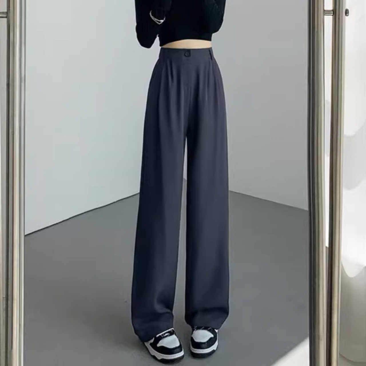 骨格ウェーブ ハイウエスト ストレートスラックスパンツ