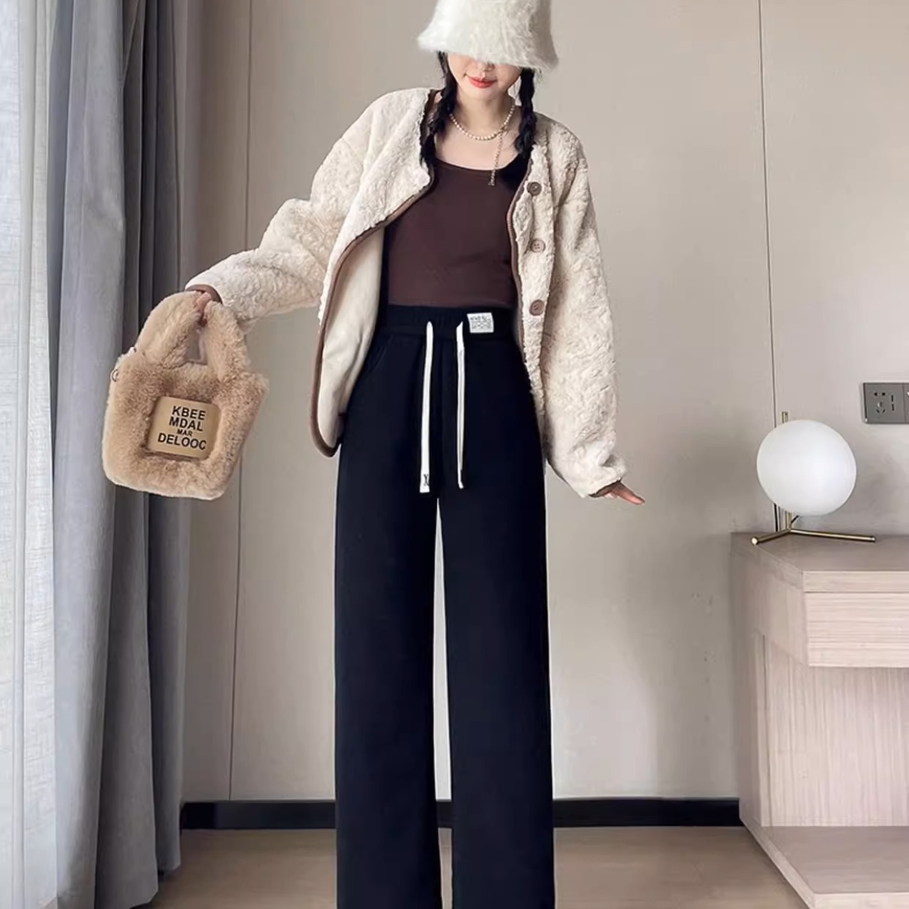 骨格ウェーブ 裏起毛 ウエストゴムワイドパンツ