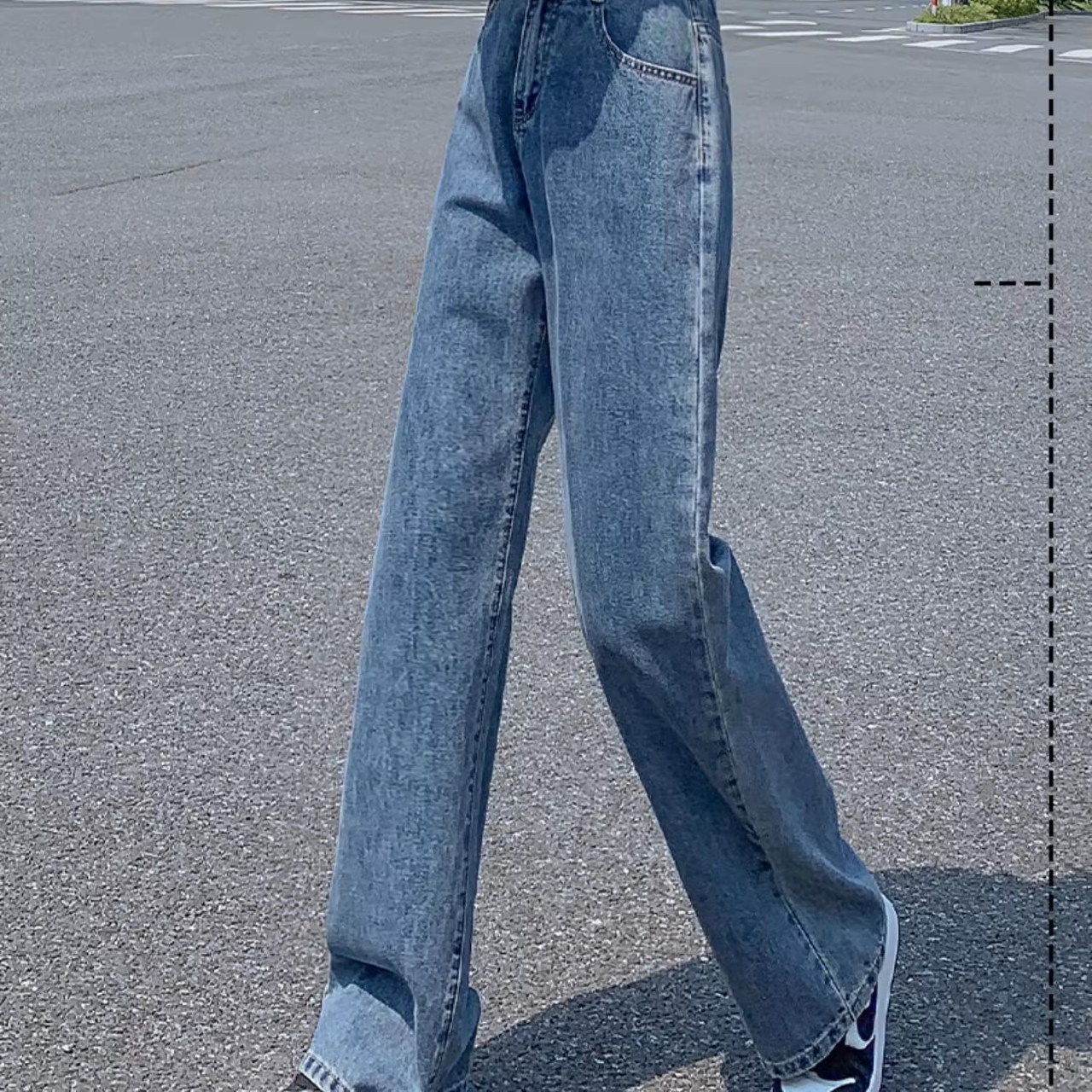 骨格ウェーブ ハイウエスト ルーズワイドレッグ デニムパンツ