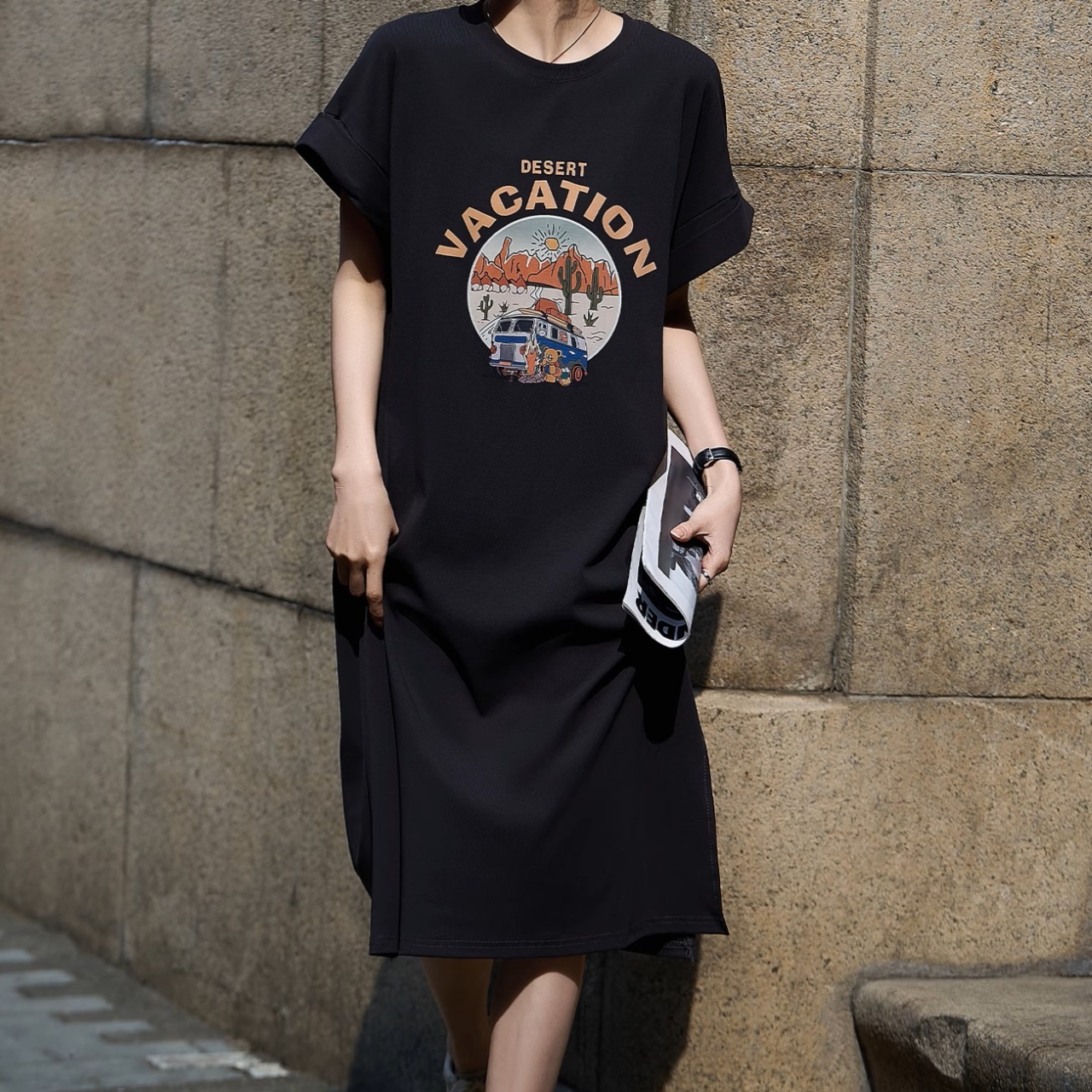 骨格ウェーブ プリントTシャツ Iライン ワンピース