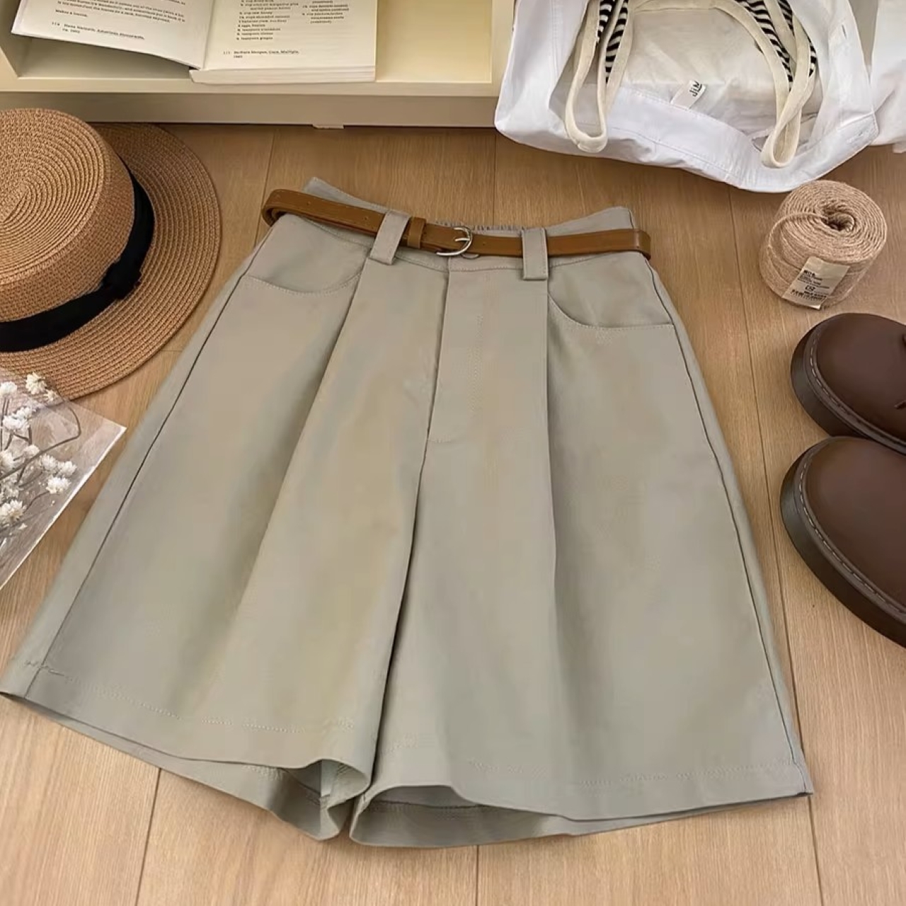 骨格ウェーブ ハイウエスト コットン ワイドハーフパンツ