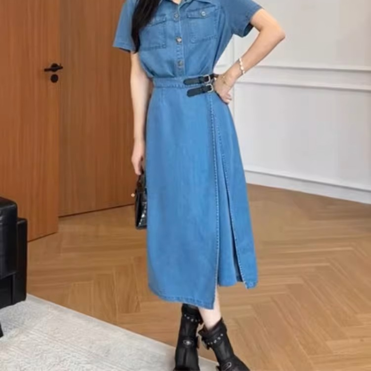 骨格ウェーブ Aライン デニムシャツワンピース