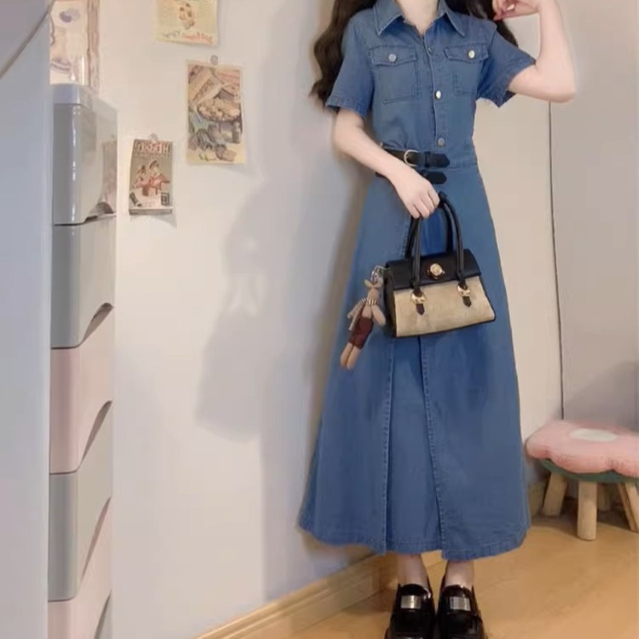骨格ウェーブ Aライン デニムシャツワンピース