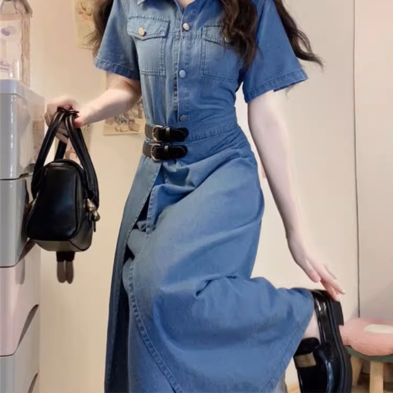 骨格ウェーブ Aライン デニムシャツワンピース