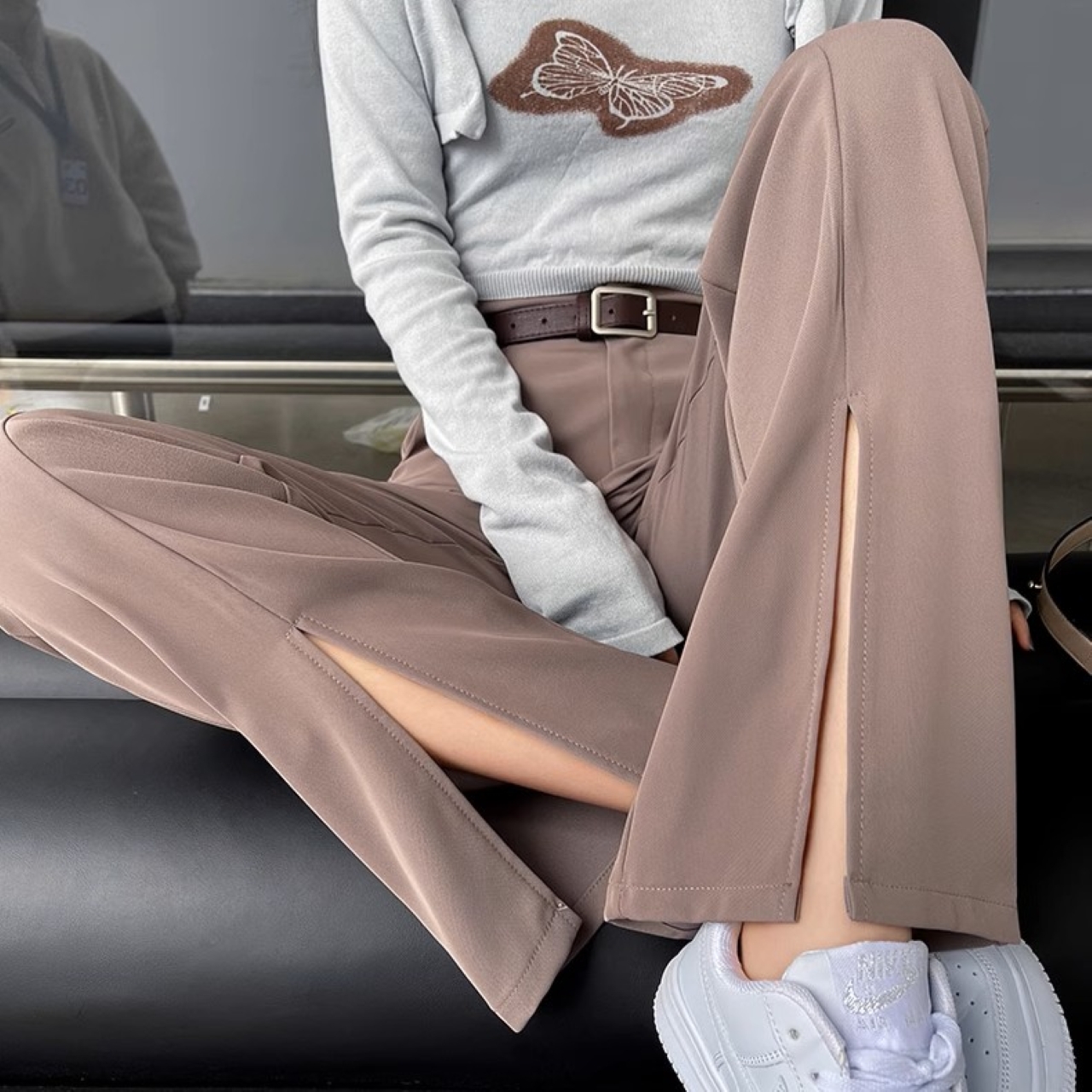 骨格ウェーブ スリット ストレート ワイドパンツ