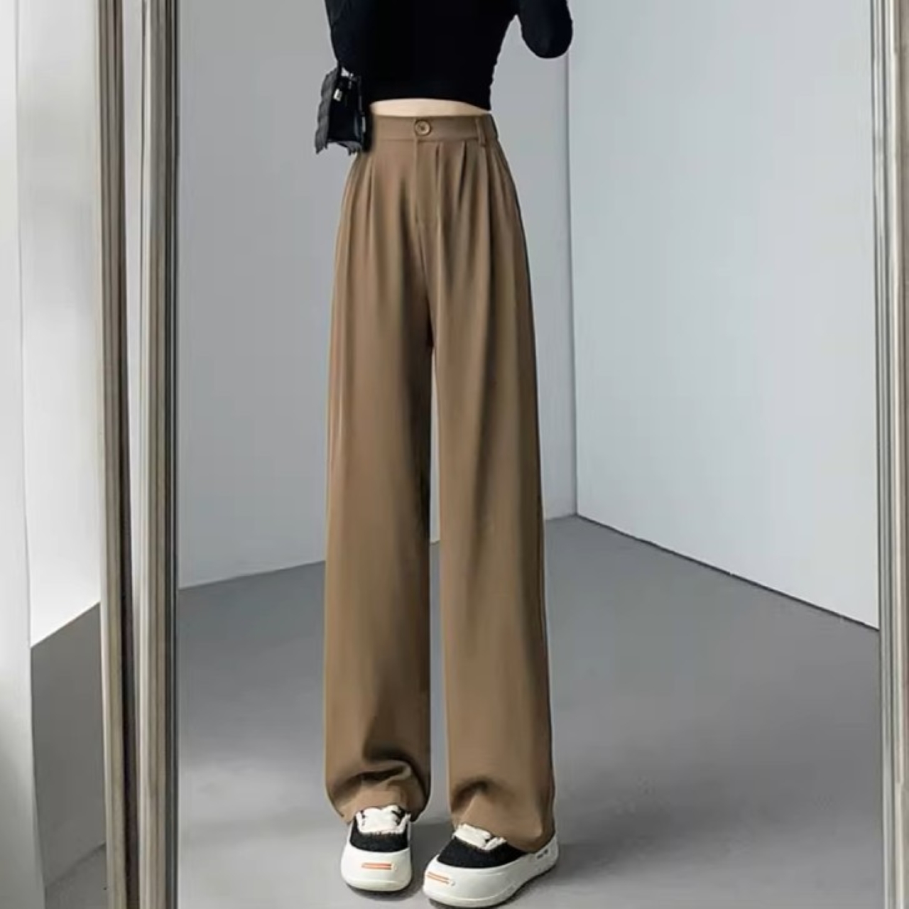 骨格ウェーブ ハイウエスト ストレートスラックスパンツ