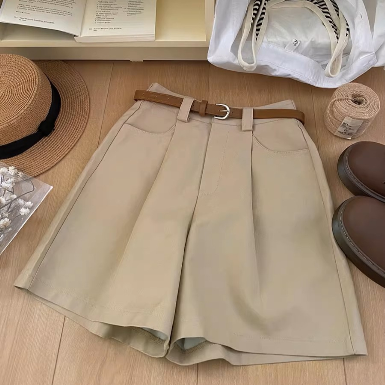 骨格ウェーブ ハイウエスト コットン ワイドハーフパンツ