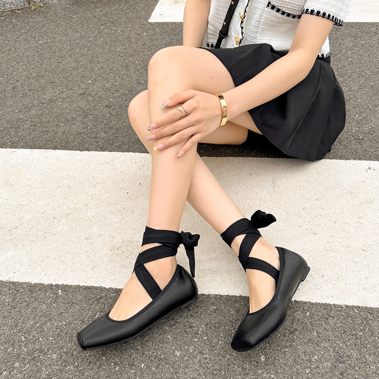 骨格ウェーブ 本革ストラップリボンバレエシューズ