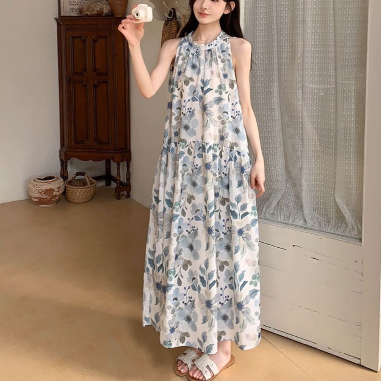 骨格ウェーブ 花柄 ホルターネック ワンピース