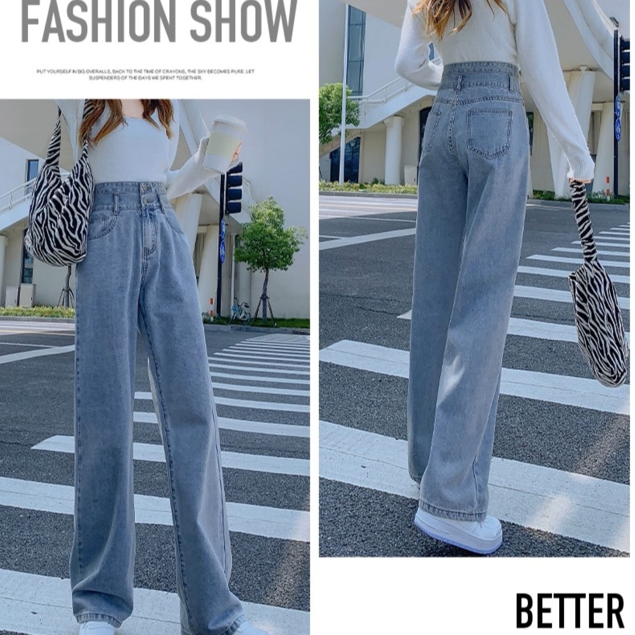 骨格ウェーブ ハイウエスト ルーズワイドレッグ デニムパンツ