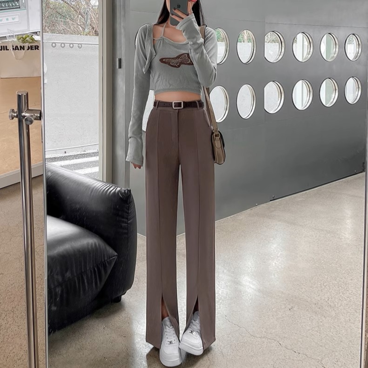 骨格ウェーブ スリット ストレート ワイドパンツ