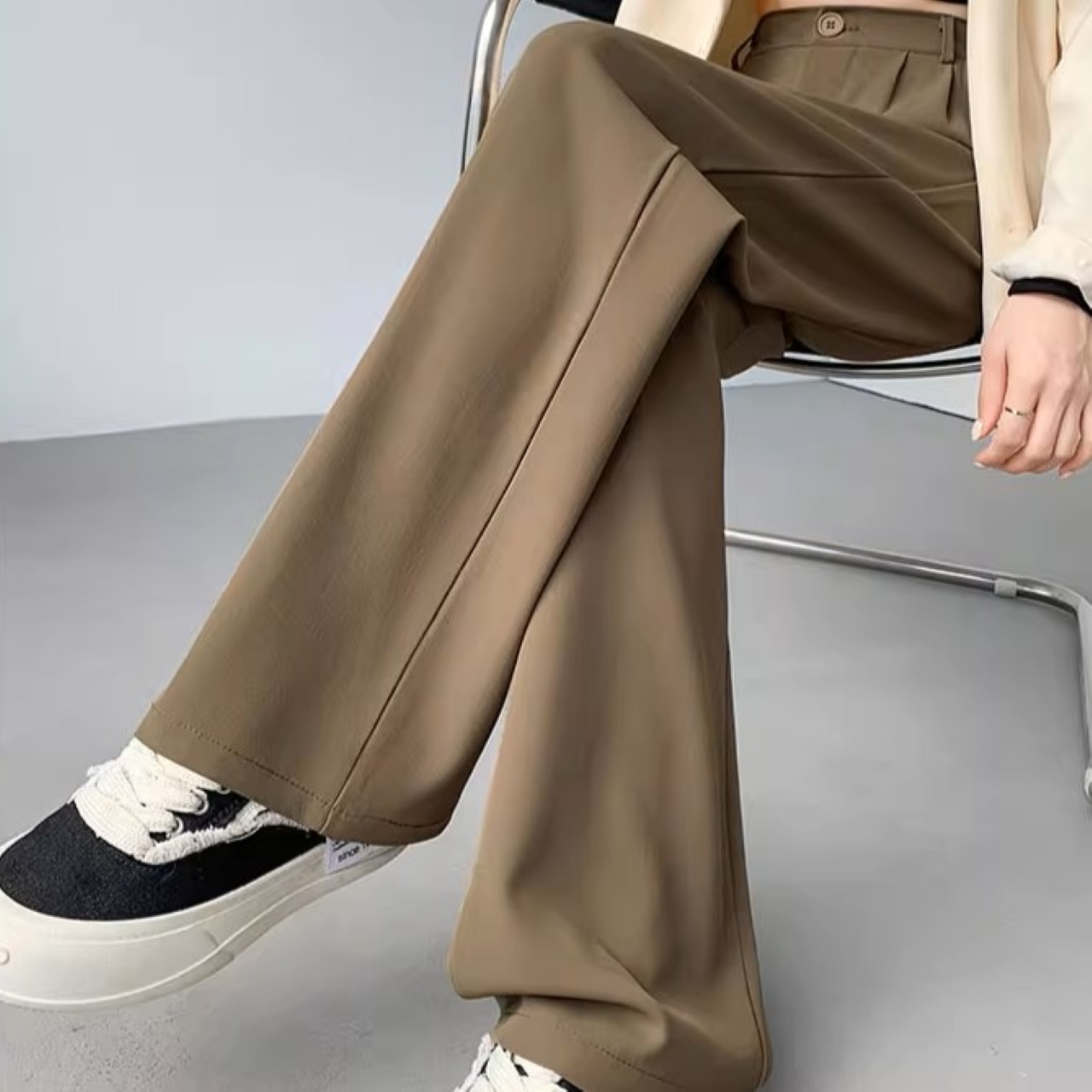 骨格ウェーブ ハイウエスト ストレートスラックスパンツ