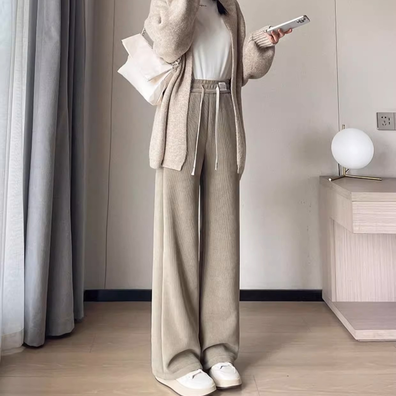骨格ウェーブ 裏起毛 ウエストゴムワイドパンツ