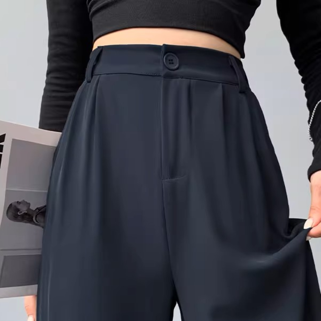 骨格ウェーブ ハイウエスト ストレートスラックスパンツ