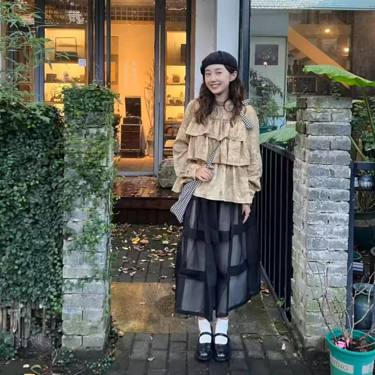 骨格ウェーブ 華やか見え 配色ストライプ チュールフレアスカート