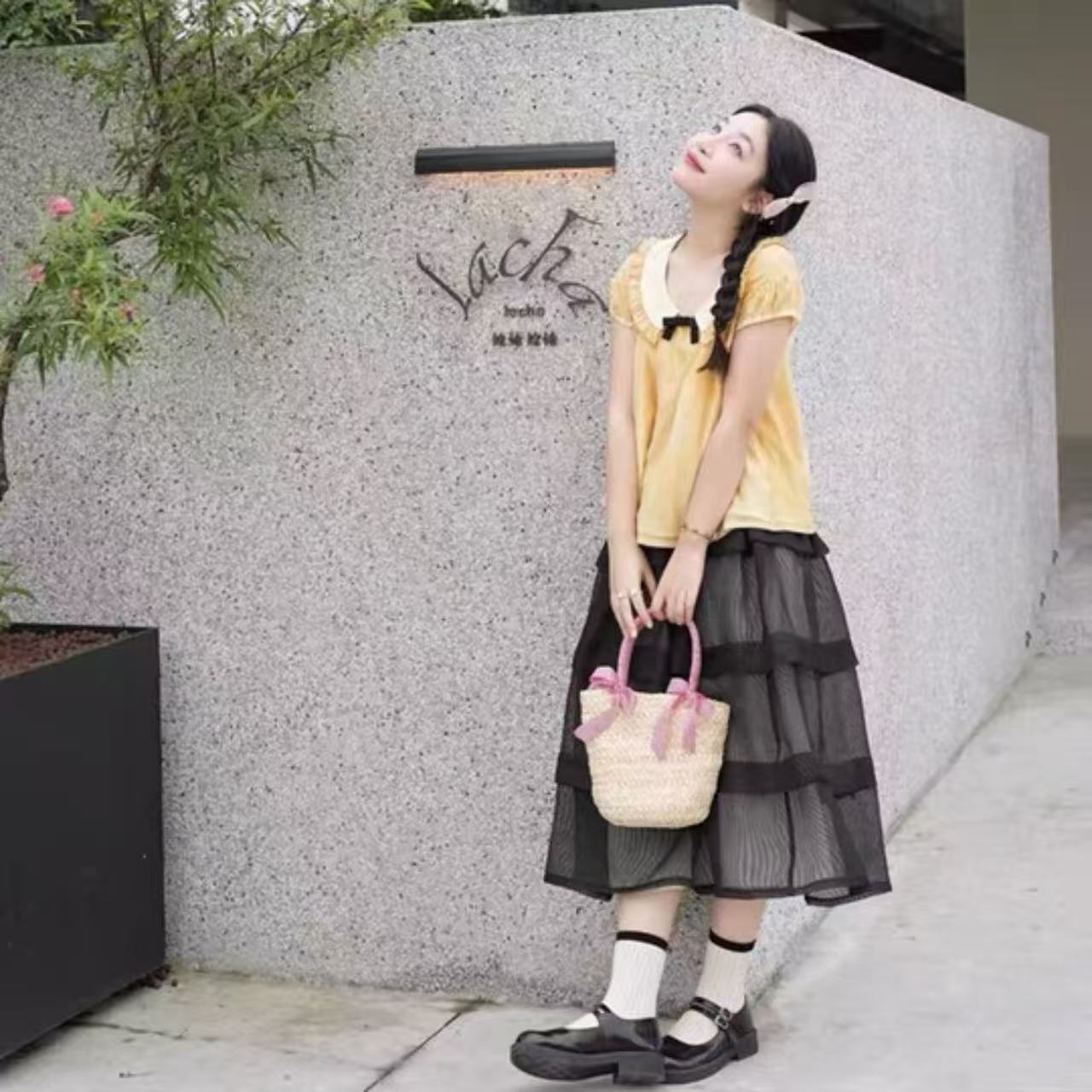 骨格ウェーブ 華やか見え 配色ストライプ チュールフレアスカート