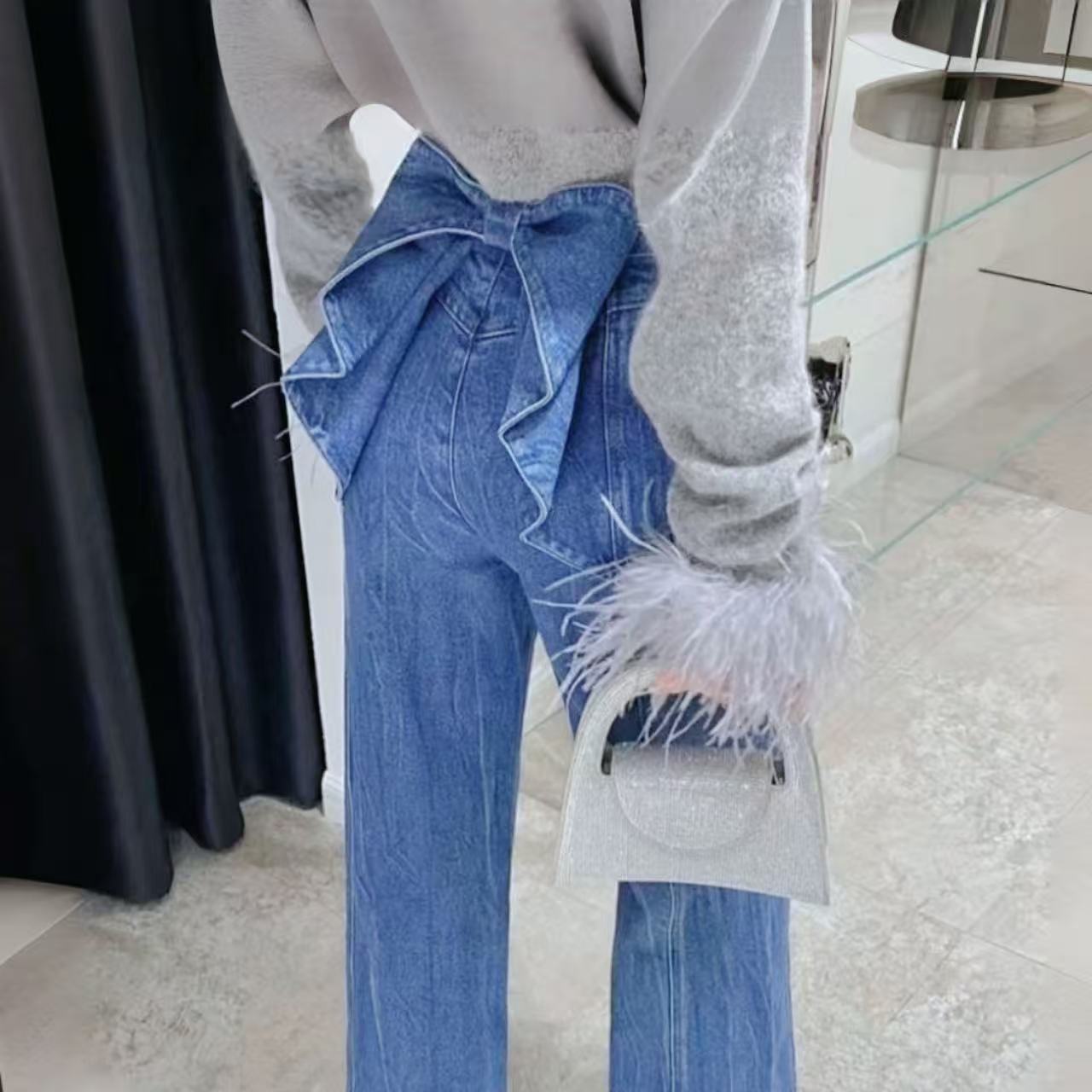 骨格ウェーブ バックリボンデザインハイウエスト デニムパンツ 脚長効果 