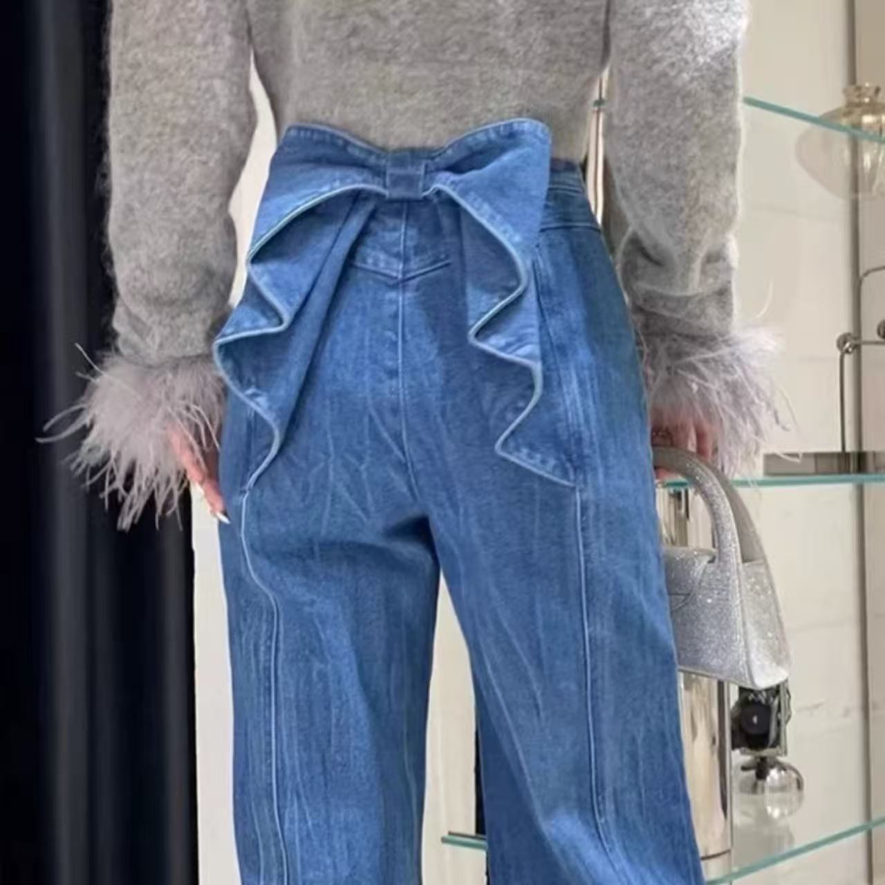 骨格ウェーブ バックリボンデザインハイウエスト デニムパンツ 脚長効果 
