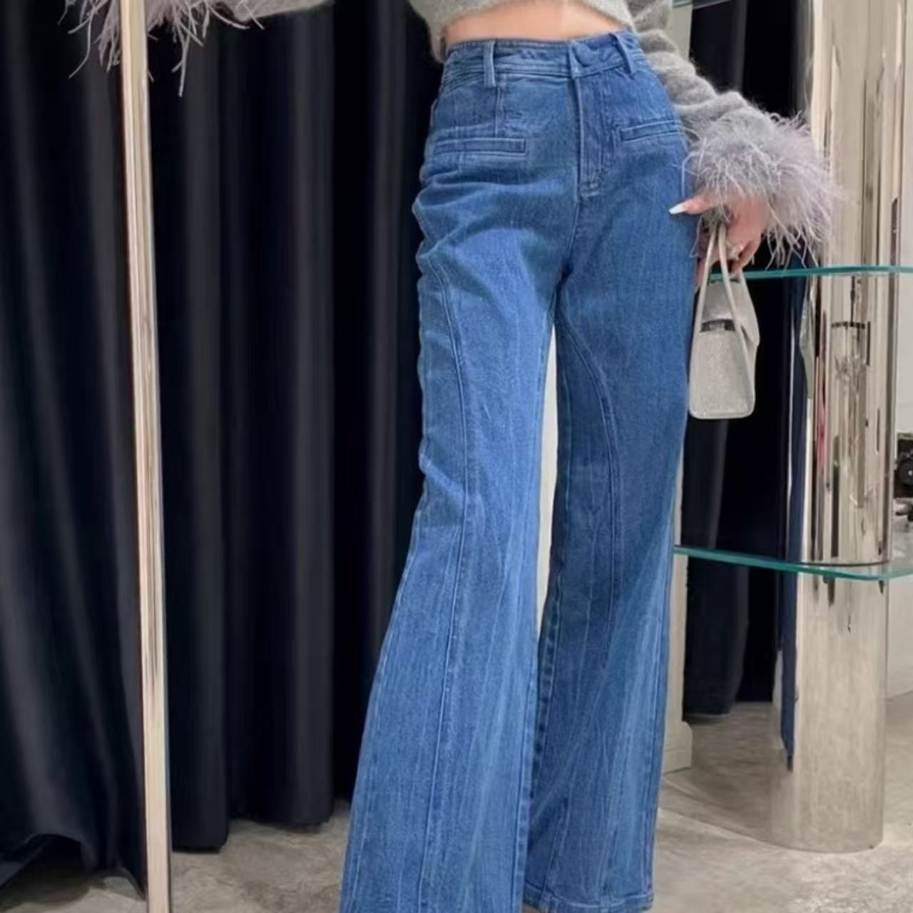 骨格ウェーブ バックリボンデザインハイウエスト デニムパンツ 脚長効果 