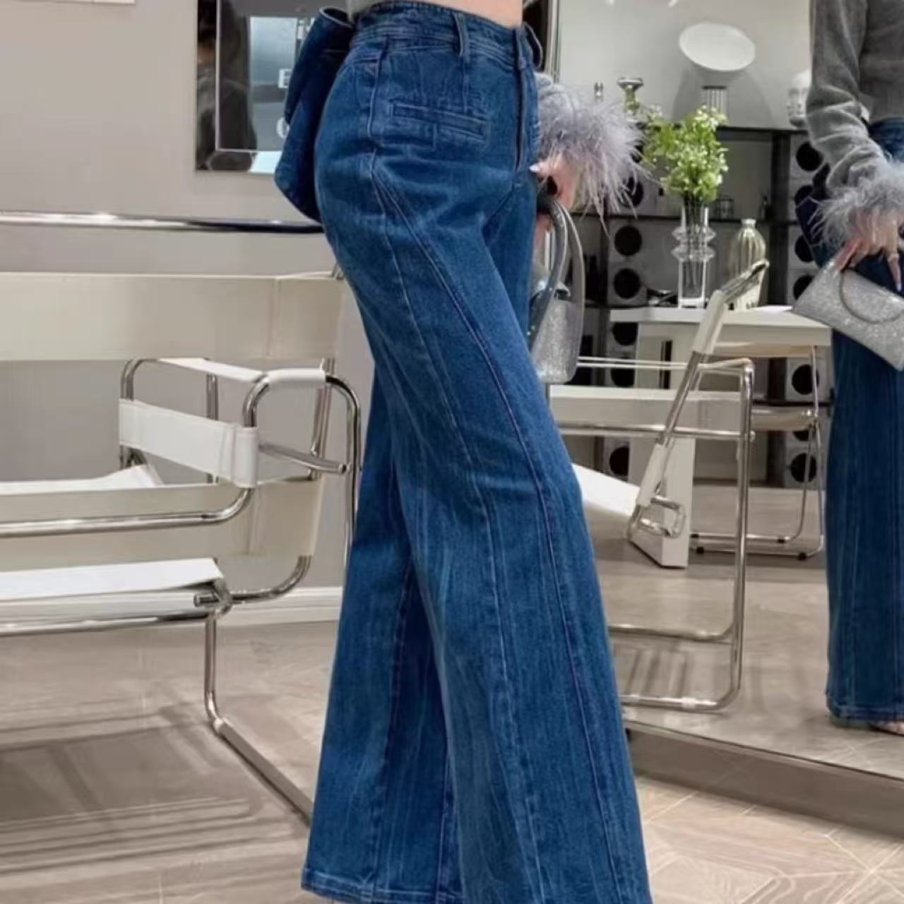 骨格ウェーブ バックリボンデザインハイウエスト デニムパンツ 脚長効果 