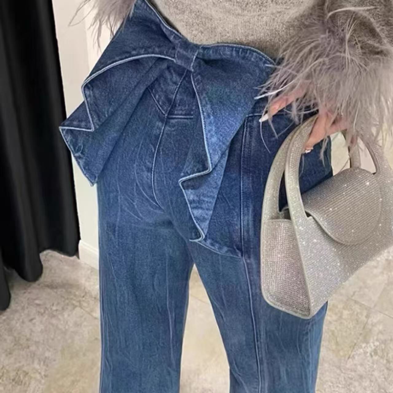 骨格ウェーブ バックリボンデザインハイウエスト デニムパンツ 脚長効果 