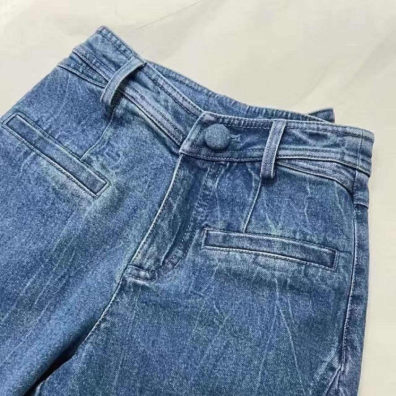 骨格ウェーブ バックリボンデザインハイウエスト デニムパンツ 脚長効果 