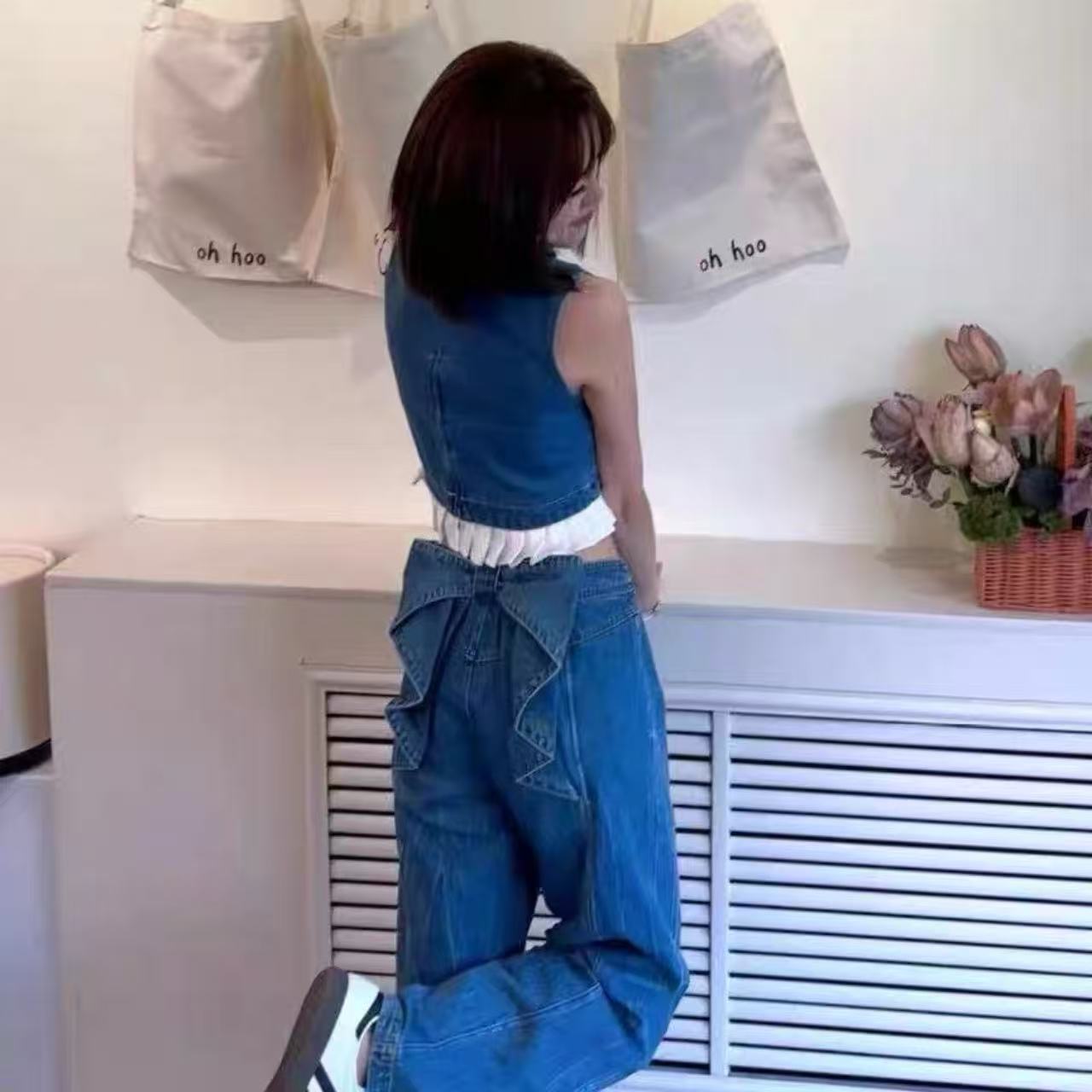 骨格ウェーブ バックリボンデザインハイウエスト デニムパンツ 脚長効果 