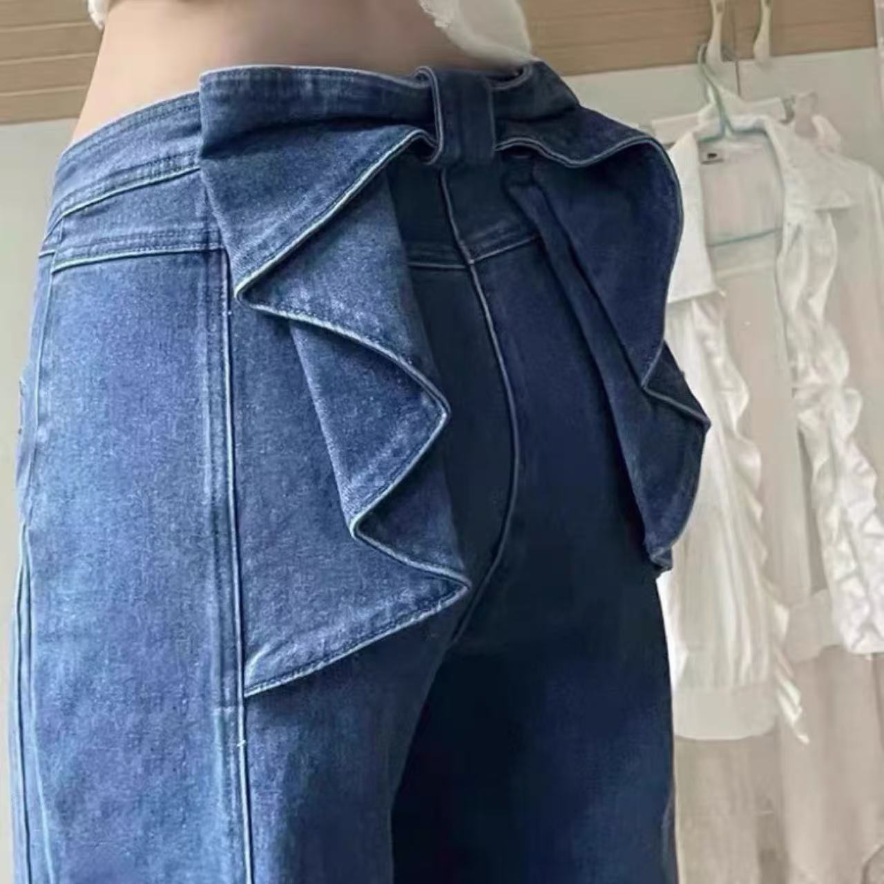 骨格ウェーブ バックリボンデザインハイウエスト デニムパンツ 脚長効果 