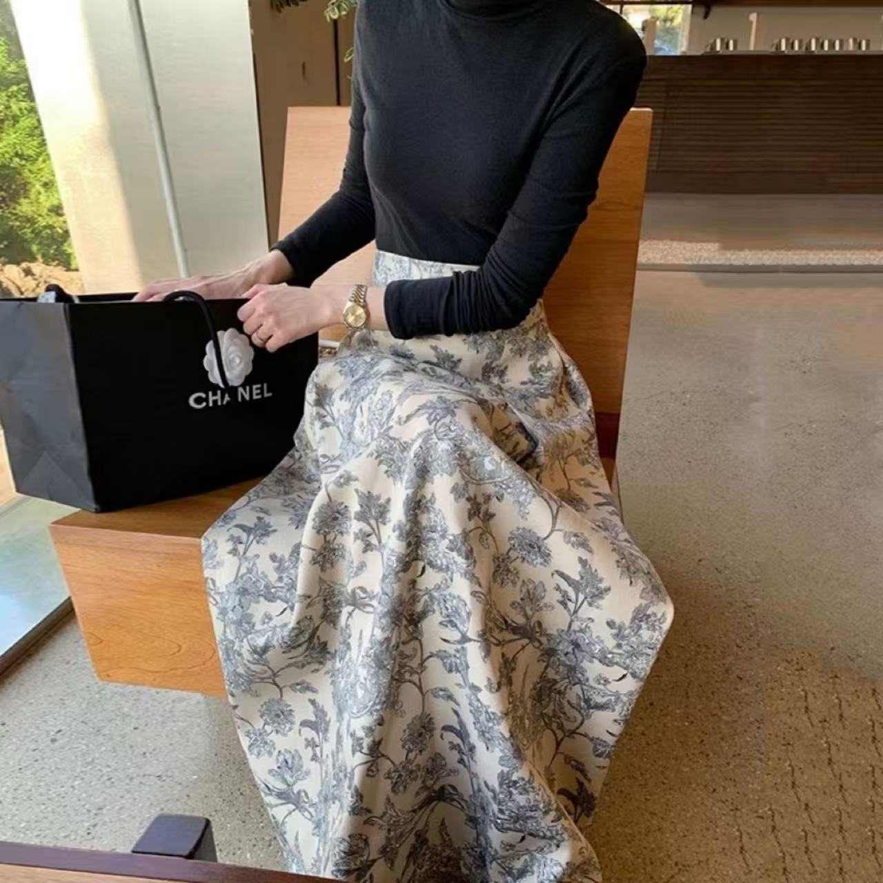 骨格ウェーブ 韓国風 ハイウエスト フラワープリントフレアスカート