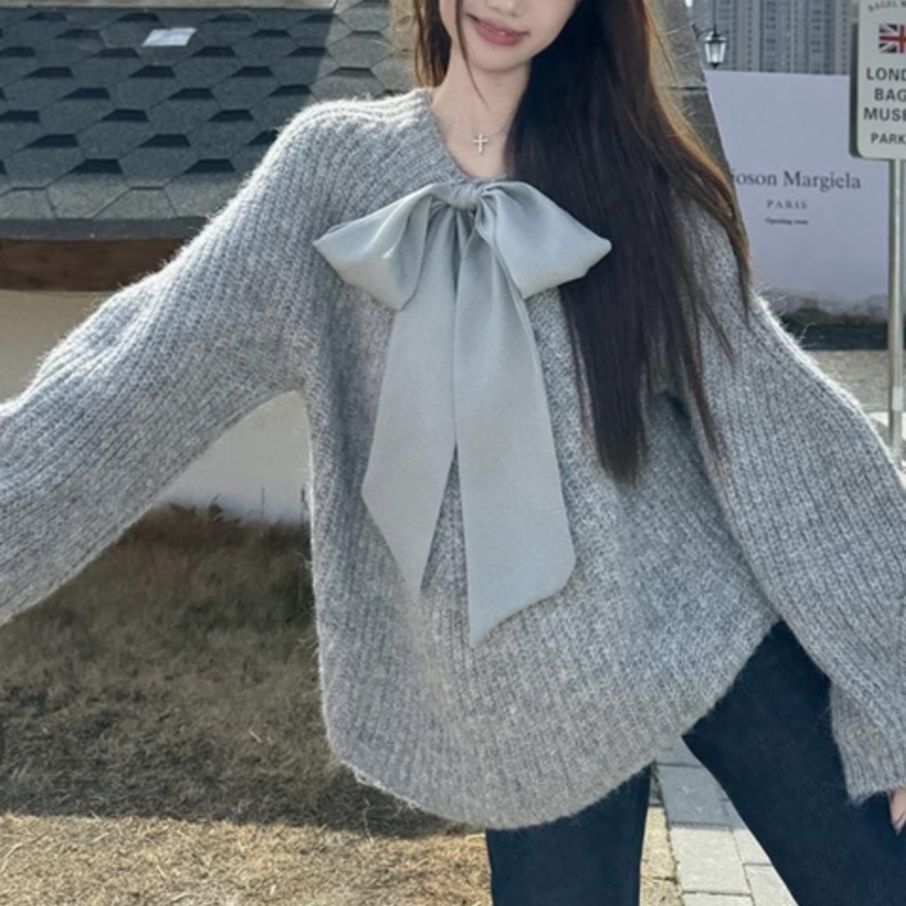 骨格ウェーブ リボンデザイン ニット ゆるっとセーター グレー 大人可愛い